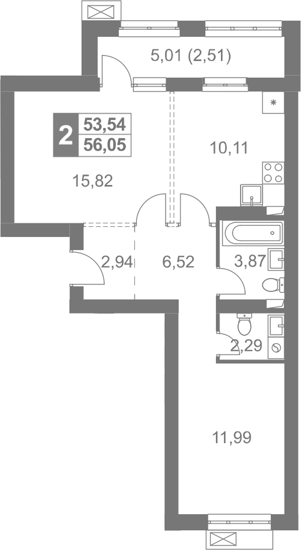 2-комн., 53.54 м², 3/4 этаж, ЖК «Жаворонки Клаб»