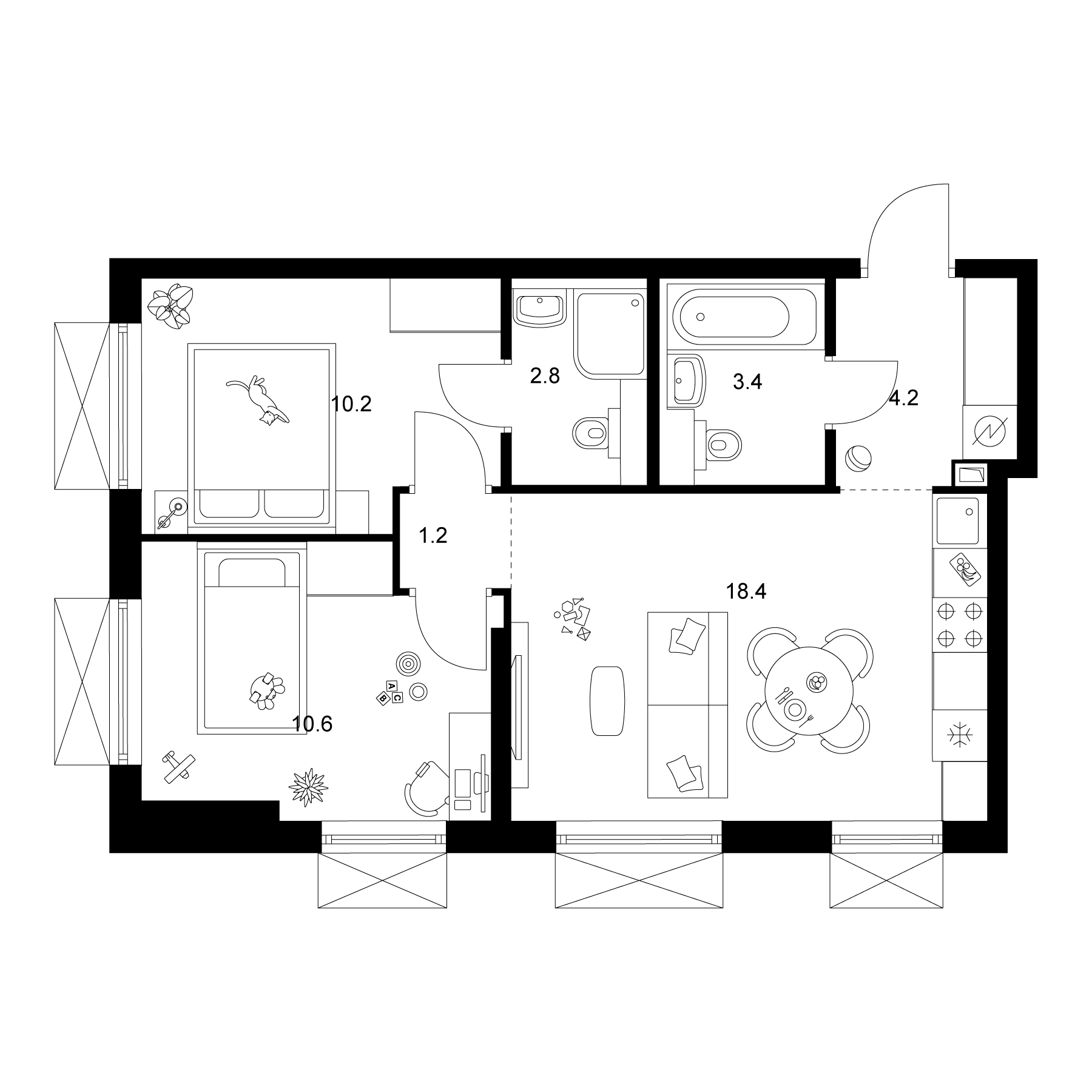 2-комн., 50.8 м², 13/30 этаж, ЖК «2-й Иртышский»