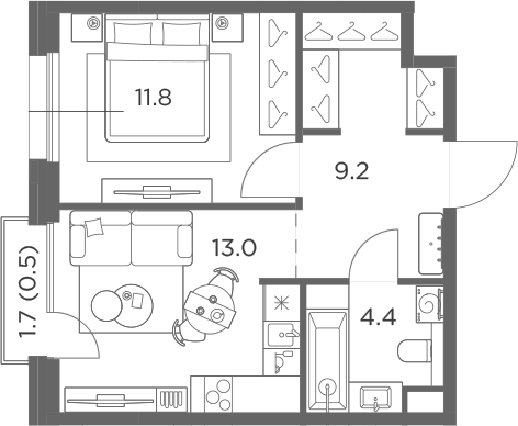 1-комн., 38.4 м², 6/6 этаж, ЖК «Станиславский»