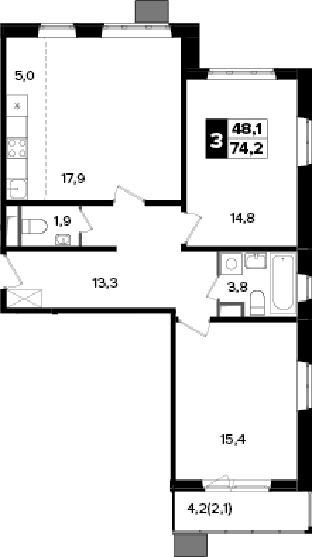 3-комн., 72.1 м², 10/17 этаж, ЖК «Южная Битца»
