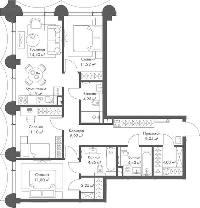 4+ комнаты, 91.49 м², 3/17 этаж, ЖК «МИРА»