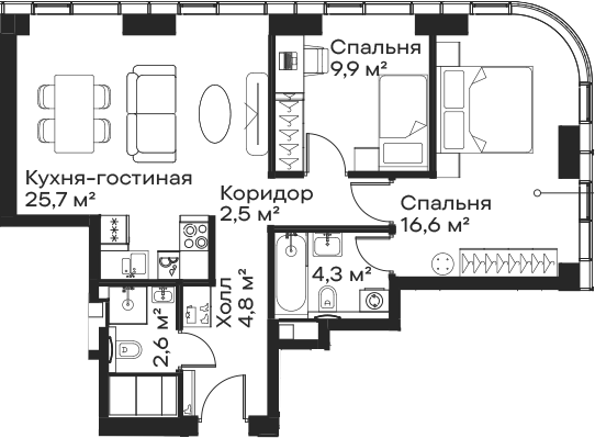 3-комн., 66.4 м², 29/59 этаж, ЖК «Сити Бэй»