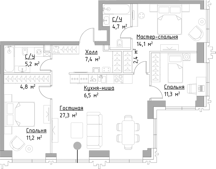 4-комн. Левел Павелецкая Сити