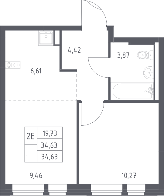 2-комн., 34.63 м², 12/12 этаж, ЖК «Квартал Авиаторов»