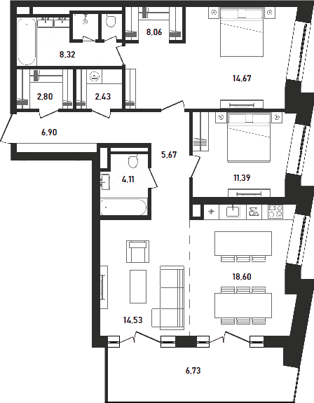 3-комн., 97.48 м², 28/33 этаж, ЖК «Репаблик»