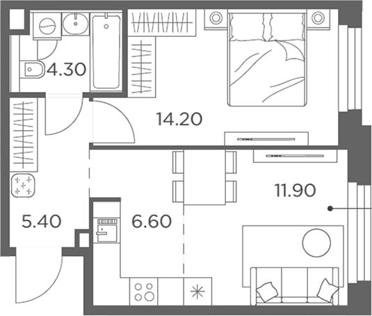 2-комн., 44 м², 2/12 этаж, ЖК «Белый Град»