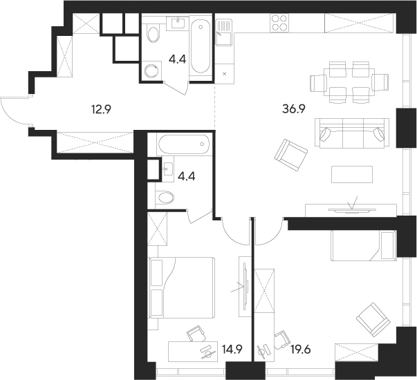 3-комн., 93.1 м², 40/55 этаж, ЖК «Инди Тауэрз от Аквилон»