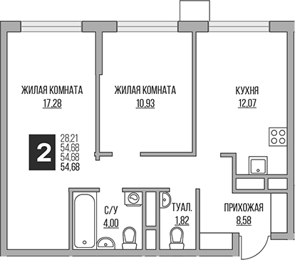2-комн., 54.68 м², 7/14 этаж, ЖК «Гранель Притяжение Сити»