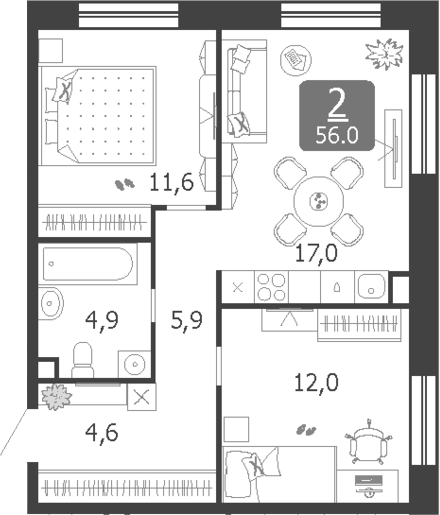 3-комн., 56 м², 12/19 этаж, ЖК «Шагал»