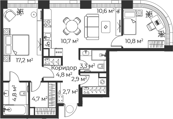 3-комн., 72.4 м², 60/71 этаж, ЖК «Веер»