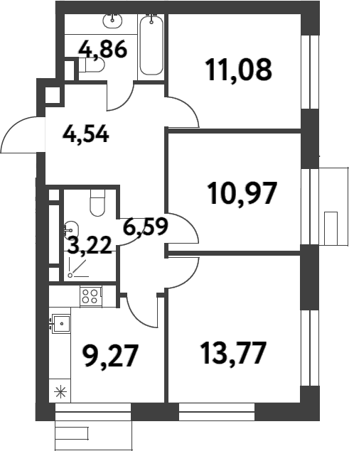 3-комн., 64.3 м², 8/16 этаж, ЖК «Смарт Гарден»