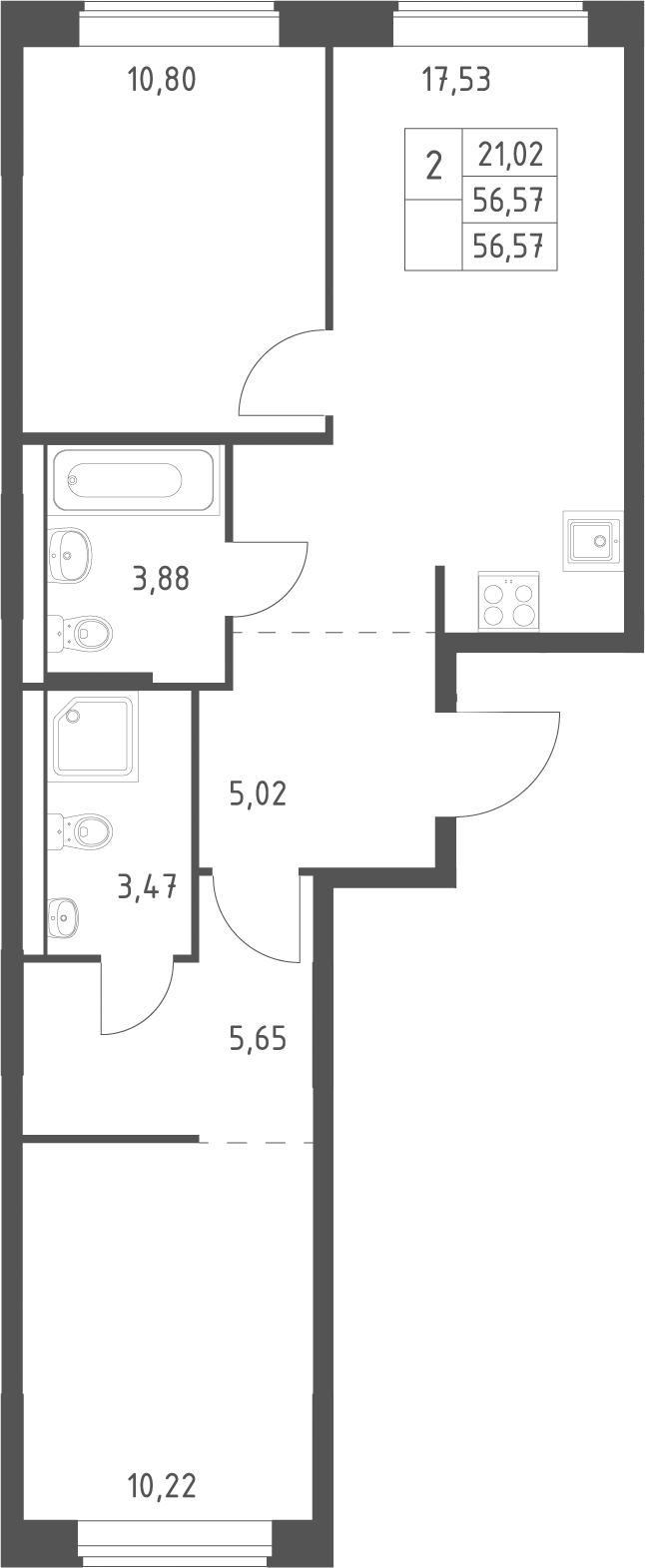 3-комн., 56.57 м², 2/12 этаж, ЖК «Большое Юрлово»