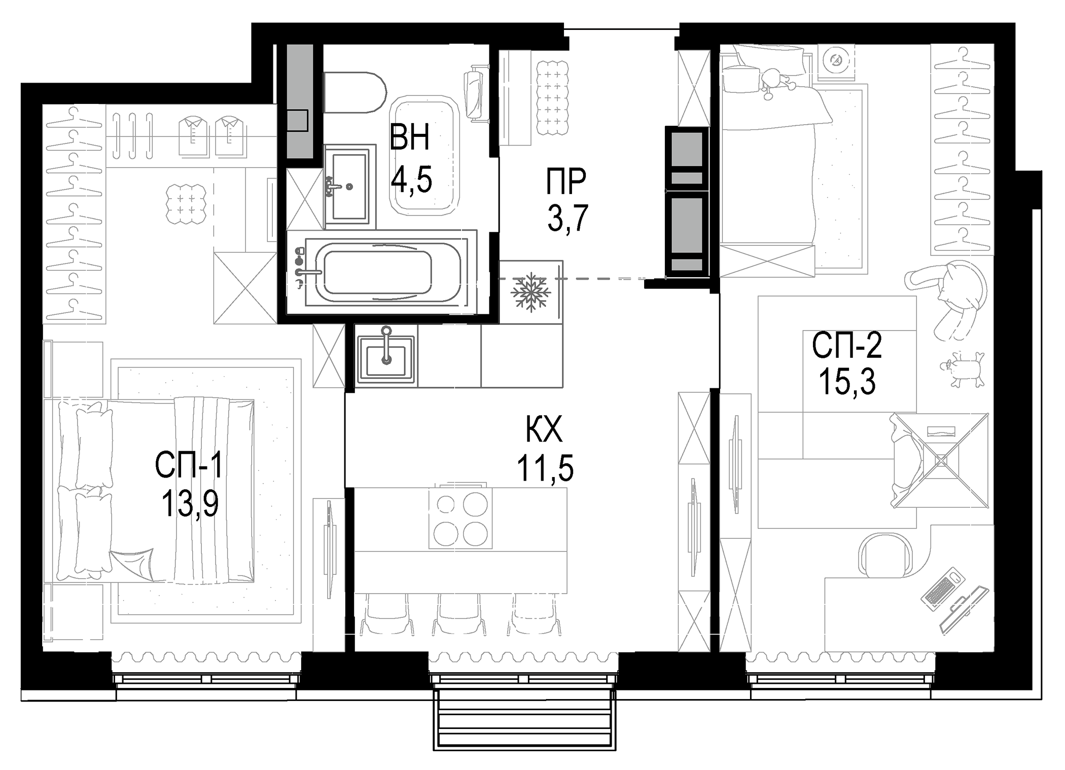 2-комн., 48.9 м², 8/21 этаж, ЖК «Новая Звезда»