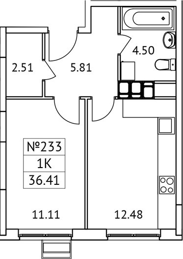 1-комн., 36.41 м², 15/17 этаж, ЖК «Новотомилино»