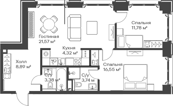 3-комн., 70.23 м², 7/15 этаж, ЖК «Сити Бэй»