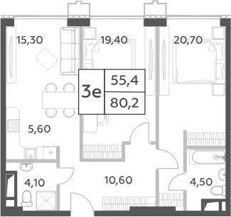 3-комн., 80.2 м², 32/52 этаж, ЖК «Will Towers»