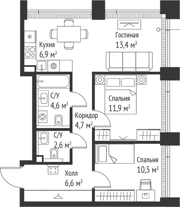 3-комн., 61.2 м², 28/28 этаж, ЖК «СЕТ»