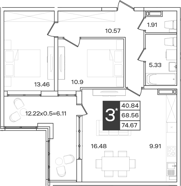 3-комн., 68.56 м², 16/18 этаж, ЖК «Сюжеты»