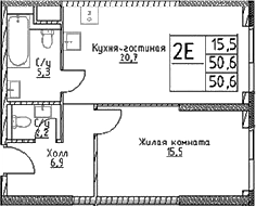 2-комн., 50.6 м², 3/29 этаж, ЖК «Наметкин Тауэр»
