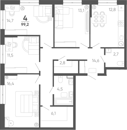 4-комн. квартира, 99.2 м² в ЖК Барса — фото 2