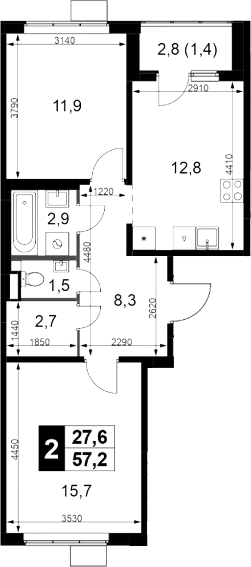 2-комн., 55.8 м², 12/17 этаж, ЖК «1-й Химкинский»
