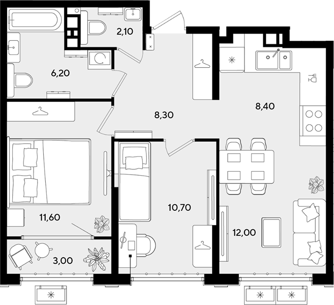 3-комн., 59.3 м², 5/9 этаж, ЖК «Порто-Ново»