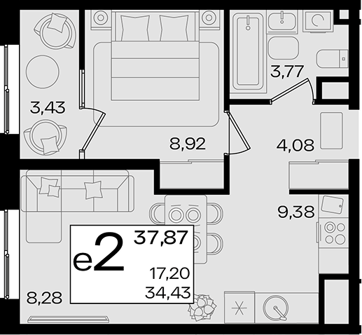 2-комн. квартира, 34.44 м² в ЖК Патрики — фото 2