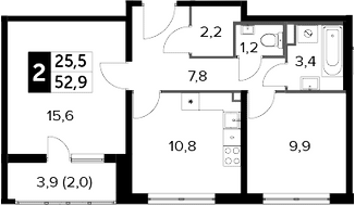2-комн., 50.9 м², 14/24 этаж, ЖК «Южная Битца»