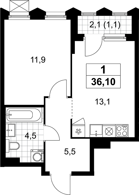1-комн., 35 м², 9/11 этаж, ЖК «Деснаречье»