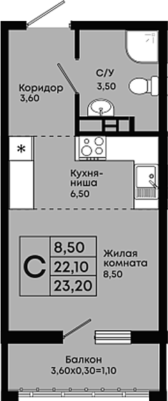 Студия, 22.1 м², 10/18 этаж, ЖК «Премьер»