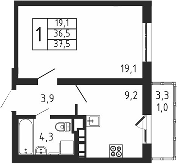 1-комн., 36.5 м², 5/9 этаж, ЖК «Пироговская ривьера. Мытищи»