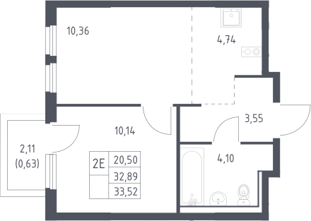 2-комн., 32.89 м², 14/17 этаж, ЖК «Пригород Лесное»