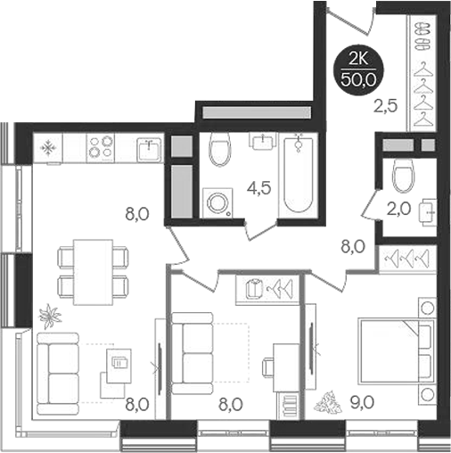 2-комн., 50 м², 8/32 этаж, ЖК «Кантемировский»