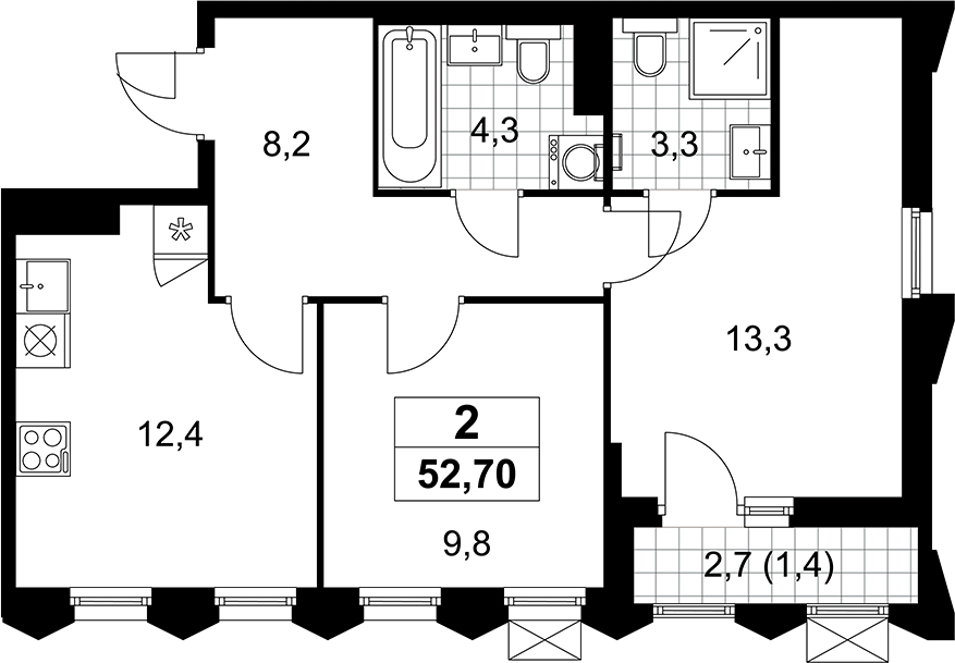 2-комн., 51.3 м², 13/13 этаж, ЖК «Деснаречье»