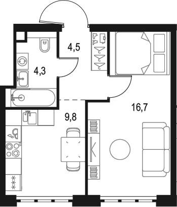 1-комн., 35.3 м², 49/49 этаж, ЖК «Левел Южнопортовая»