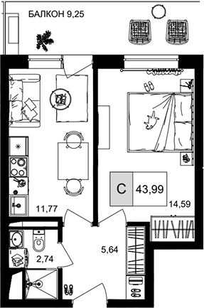 2-комн., 34.74 м², 5/8 этаж, ЖК «IT гостиничный комплекс Корсаков»