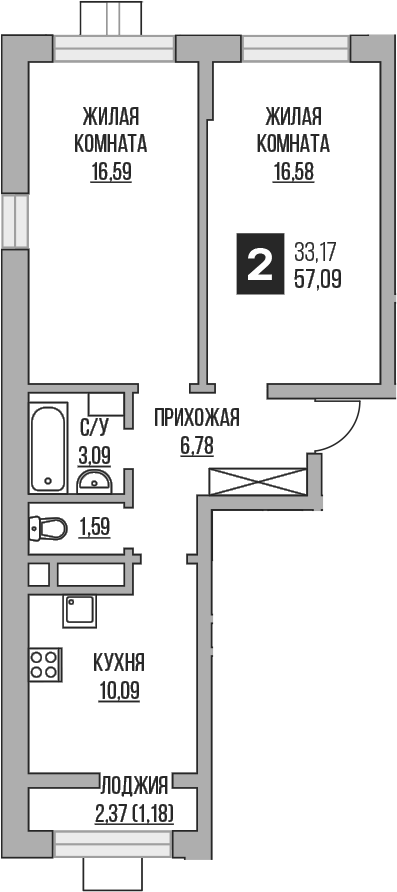 2-комн., 54.72 м², 10/16 этаж, ЖК «Гранель Пехра»