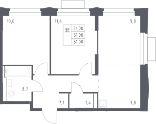 3-комн., 51 м², 21/24 этаж, ЖК «Квартал Строгино»