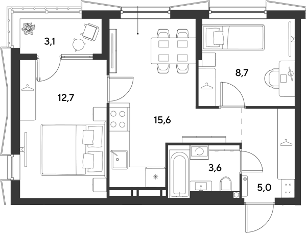 2-комн., 45.6 м², 5/9 этаж, ЖК «Ридз»