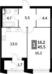 1-комн., 43.8 м², 40/43 этаж, ЖК «Скай Гарден»