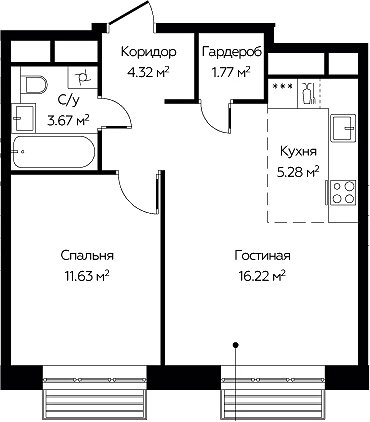 2-комн., 42.89 м², 20/22 этаж, ЖК «Новоград Павлино»