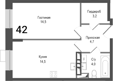 1-комн., 40.9 м², 1/8 этаж, ЖК «Киноквартал»