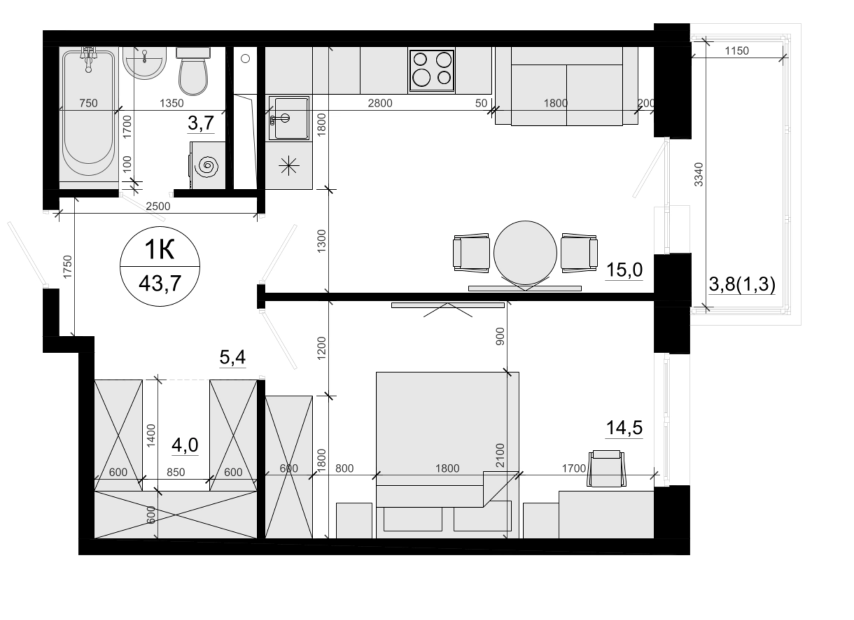 1-комн., 42.4 м², 6/10 этаж, ЖК «Одинцовские Кварталы Эволюция»