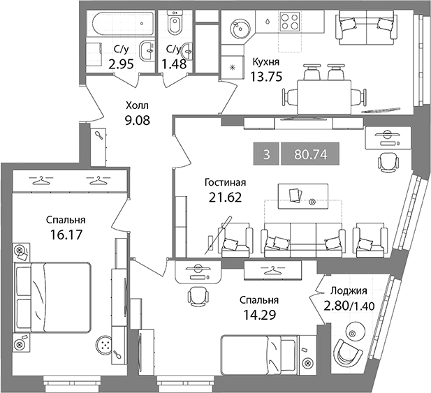 3-комн., 79.34 м², 10/17 этаж, ЖК «Планерный квартал»
