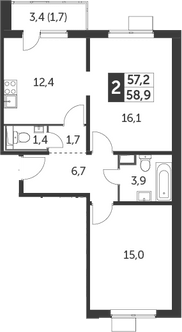 2-комн., 57.2 м², 23/24 этаж, ЖК «Южная Битца»