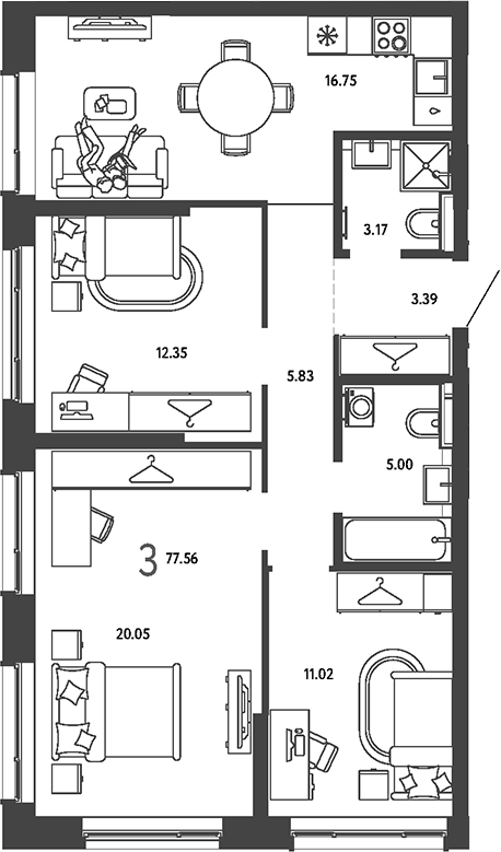 3-комн., 77.56 м², 19/24 этаж, ЖК «Страна.Парковая»