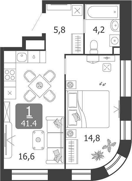 2-комн., 41.4 м², 2/5 этаж, ЖК «Шагал»
