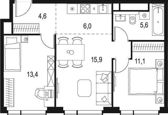 3-комн., 56.6 м², 48/48 этаж, ЖК «Левел Мичуринский»