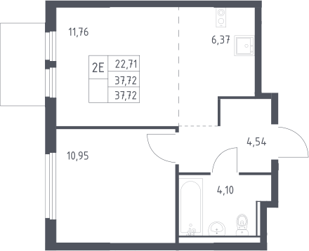 2-комн., 37.72 м², 12/17 этаж, ЖК «Пригород Лесное»