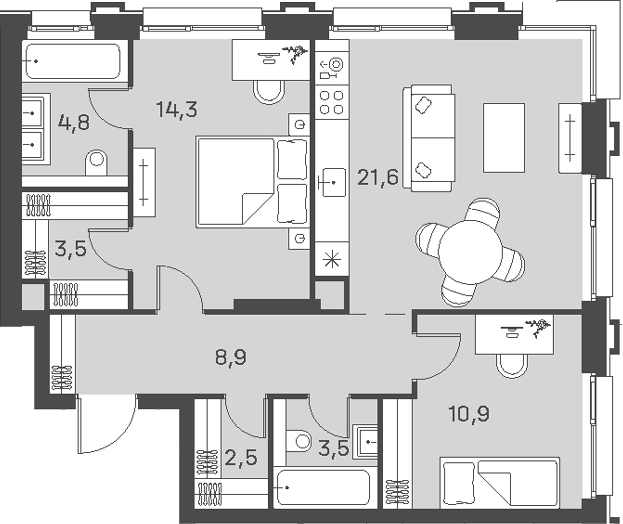 3-комн., 70 м², 3/21 этаж, ЖК «Портленд»
